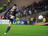 Paris' Swedish forward Zlatan Ibrahimovic scores during the French League Cup semi-final football match against Nantes on February 4, 2014