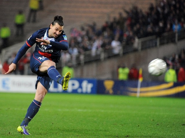 Paris' Swedish forward Zlatan Ibrahimovic scores during the French League Cup semi-final football match against Nantes on February 4, 2014
