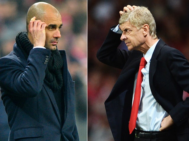 Head coach Josep Guardiola of Bayern Munich and Arsene Wenger the Arsenal manager