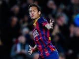 Neymar of FC Barcelona celebrates after scoring his team's sixth goal during the La Liga match between FC Barcelona and Rayo Vallecano de Madrid at Camp Nou on February 15, 2014