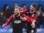Adam Clayton of Huddersfield Town celebrates his goal with team mate Oliver Norwood during the Sky Bet Championship match between Birmingham City and Huddersfield Town at St Andrews (stadium) on February 15, 2014