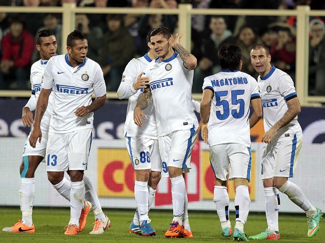 Mauro Icardi of FC Internazionale Milano celebrates after scoring a goal during the Serie A match between ACF Fiorentina and FC Internazionale Milano at Stadio Artemio Franchi on February 15, 2014