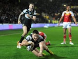 Tom Lineham of Hull FC scores a second half try during the Super League match between Hull FC and Catalans Dragons at KC Stadium on February 14, 2014