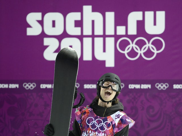 Gold Medallist, Switzerland's Iouri Podladtchikov celebrates in the Men's Snowboard Halfpipe Final at the Rosa Khutor Extreme Park during the Sochi Winter Olympics on February 11, 2014
