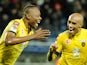 Sochaux's Zambian defender Stoppila Sunzu jubilates after scoring a goal during the French L1 football match between Sochaux (FCSM) and Guingamp (EAG) on February 15, 2014