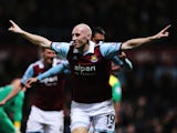 James Collins of West Ham United celebrates scoring during the Barclays Premier League match between West Ham United and Norwich City at the Boleyn Ground on February 11, 2014