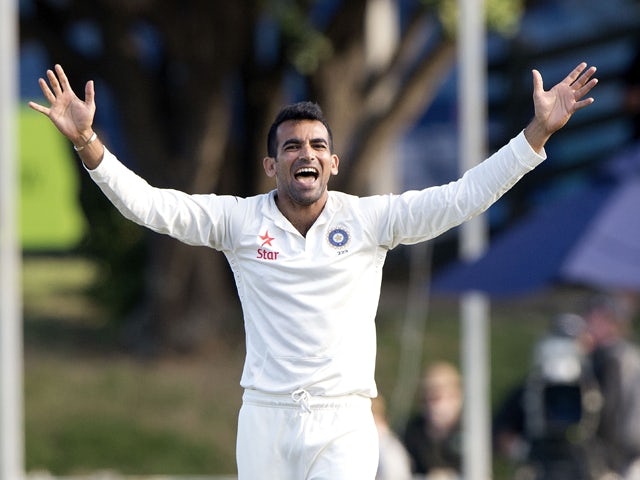 Zaheer Khan of India appeals for an LBW call on Hamish Rutherford of New Zealand during day 2 of the 2nd International Test cricket match between New Zealand and India in Wellington at the Basin Reserve on February 15, 2014