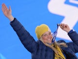 Sweden bronze medallist Anna Holmlund poses during the Women's Freestyle Skiing Ski Cross Medal Ceremony at the Sochi medals plaza during the Sochi Winter Olympics on February 21, 2014