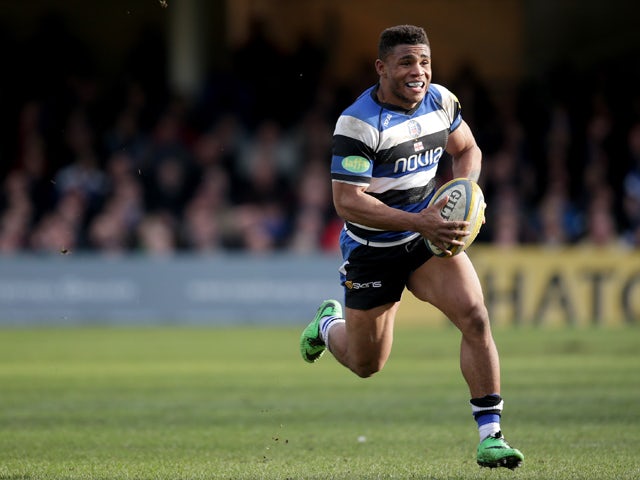 Bath's Kyle Eastmond scores a try during the Aviva Premiership match between Bath and London Wasps at the Recreation Ground on February 22, 2014