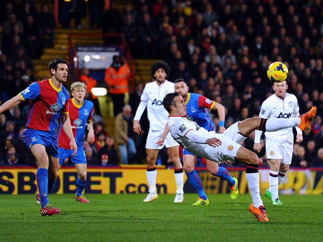 Robin van Persie of Manchester United attempts an overhead kick on goal during the Barclays Premier League match between Crystal Palace and Manchester United at Selhurst Park on February 22, 2014