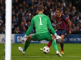 Daniel Alves of Barcelona scores his team's second goal during the UEFA Champions League Round of 16 first leg match against Manchester City on February 18, 2014