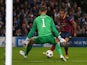 Daniel Alves of Barcelona scores his team's second goal during the UEFA Champions League Round of 16 first leg match against Manchester City on February 18, 2014