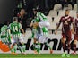 Real Betis' Didac Vila celebrates with teammates after scoring against Rubin Kazan during their Europa League match on February 20, 2014