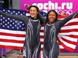 Silver medallists Elana Meyers and Lauryn Williams of the United States team 1 pose during the Women's Bobsleigh on Day 12 of the Sochi 2014 Winter Olympics at Sliding Center Sanki on February 19, 2014