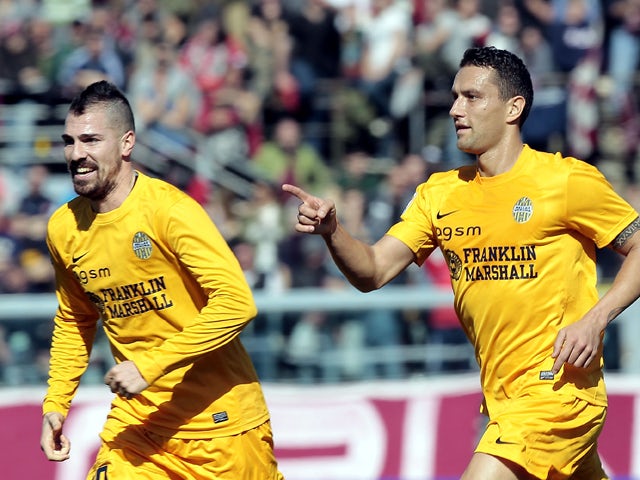 Marko Jankovic of Hellas Verona FC celebrates after scoring a goal during the Serie A match between AS Livorno Calcio and Hellas Verona FC at Stadio Armando Picchi on February 23, 2014