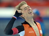 Netherlands' Jorrit Bergsma celebrates after competing in the Men's Speed Skating 10000 m at the Adler Arena during the Sochi Winter Olympics on February 18, 2014