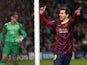 Lionel Messi of Barcelona celebrates scoring the opening goal from a penalty kick during the UEFA Champions League Round of 16 first leg match against Manchester City on February 18, 2014