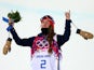 Maddie Bowman of the United States celebrates receiving her gold medal for the Freestyle Skiing Ladies' Ski Halfpipe Finals during the 2014 Winter Olympics on February 20, 2014 