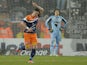 Montpellier's French midfielder Anthony Mounier reacts after scoring a goal during the French L1 football match Montpellier (MHSC) vs AC Ajaccio on February 22, 2014