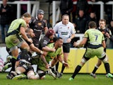 Salesi Ma'afu of Northampton saints releases the ball to Phil Dowson during the Aviva Premiership match between Newcastle Falcons and Northampton at Kingston Park on February 23, 2014
