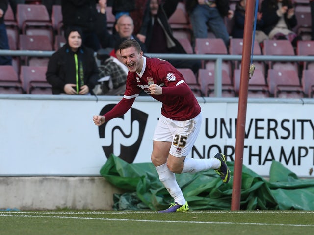 Brennan Dickenson of Northampton Town celebrates after scoring his sides 2nd goal during the Sky Bet League Two match between Northampton Town and Hatrlepool United at Sixfields Stadium on February 22, 2014