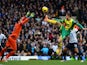Hugo Lloris of Tottenham Hotspur makes a save from Ricky van Wolfswinkel of Norwich City during the Barclays Premier League match between Norwich City and Tottenham Hotspur at Carrow Road on February 23, 2014