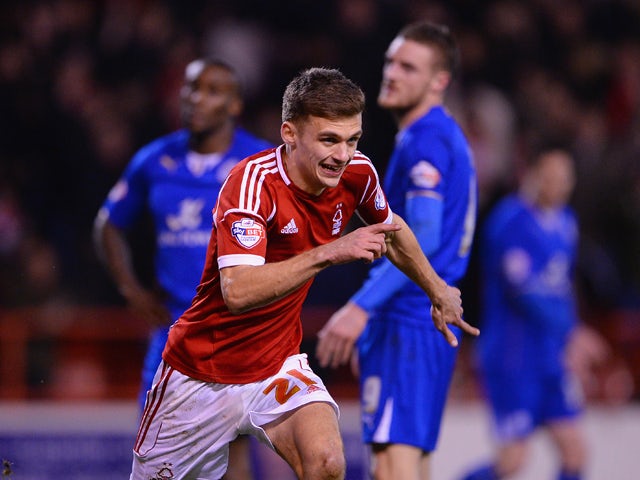 Jamie Paterson of Notts Forest celebrates scoring to make it 1-1 during the Sky Bet Championship match between Nottingham Forest and Leicester City at the City Ground on February 19, 2014
