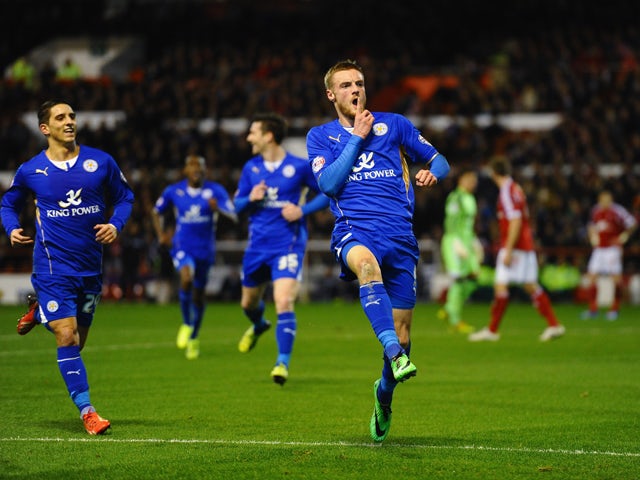Jamie Vardy of Leicester celebrates scoring the opening goal during the Sky bet Championship match between Nottingham Forest and Leicester City at City Ground on February 19, 2014