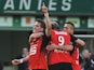 Rennes' Norwegian midfielder Anders Konradsen celebrates with teammates after scoring a goal during the French L1 football match between Nantes and Rennes on February 23, 2014