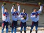 Gold medalists Russia team 1 celebrate on the podium during the medal ceremony for the Four-Man Bobsleigh on Day 16 of the Sochi 2014 Winter Olympics at Sliding Center Sanki on February 23, 2014