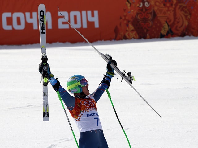 Ted Ligety of the USA wins the gold medal during the Alpine Skiing Men's Giant Slalom at the Sochi 2014 Winter Olympic Games at Rosa Khutor Alpine Centre on February 19, 2014