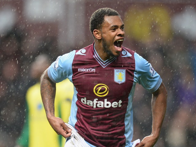 Leandro Bacuna of Aston Villa celebrates scoring their third goal during the Barclays Premier League match between Aston Villa and Norwich City at Villa Park on March 2, 2014