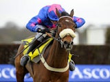 Joe Tizzard riding Cue Card clear the last to win The Betfair Ascot Steeple Chase at Ascot racecourse on February 16, 2013