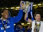Chelsea's Didier Drogba and Mateja Kezman lift the League Cup trophy on February 27, 2005.
