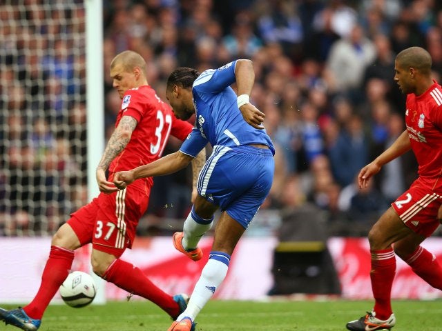 Chelsea's Didier Drogba scores against Liverpool in the FA Cup final on May 05, 2012.