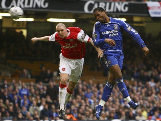 Chelsea's Didier Drogba scores against Arsenal in the League Cup final on February 25, 2007.