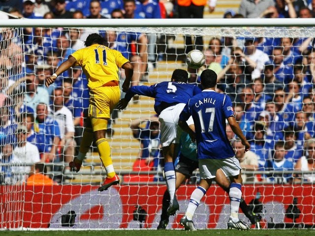 Didier Drogba, then of Chelsea, scores in the FA Cup final against Everton on May 30, 2009.