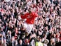 Dwight Yorke celebrates scoring for Manchester United against Arsenal on February 25, 2001.
