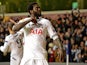 Tottenham's Emmanuel Adebayor celebrates after scoring his team's second goal against Dnipro during their Europa League match on February 27, 2014