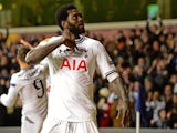 Tottenham's Emmanuel Adebayor celebrates after scoring his team's second goal against Dnipro during their Europa League match on February 27, 2014
