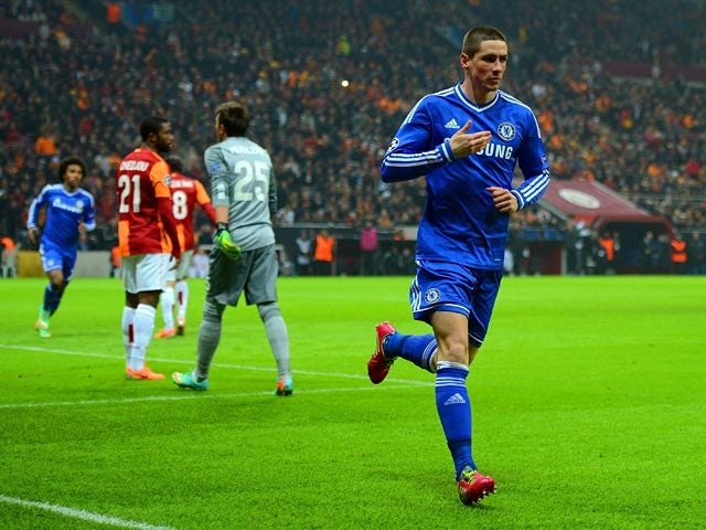 Chelsea's Fernando Torres celebrates after scoring the opening goal against Galatasaray during their Champions League match on February 26, 2014