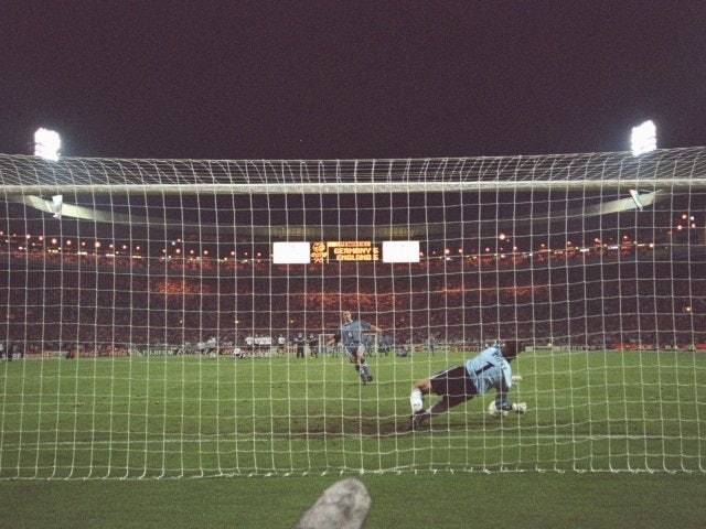 England's Gareth Southgate fails to score his penalty against Germany on June 26, 1996.