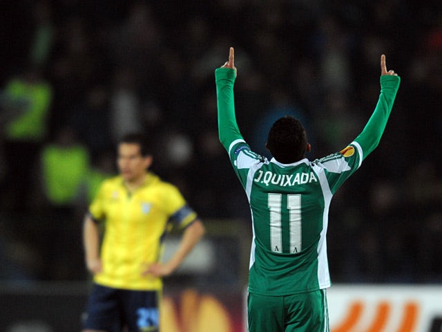 Ludogorets's Juninho Quixada celebrates after scoring his team's third goal against Lazio during their Europa League match on February 27, 2014