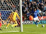 Leicester City's Ritchie De Laet scores the opener past Charlton Athletic's Ben Hamer during the Sky Bet Championship match between Leicester City and Charlton Athletic at The King Power Stadium on March 01, 2014