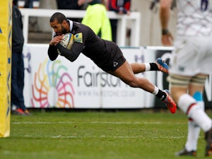Noah Cato of Newcastle Falcons scores Newcastle's opening try during the Aviva Premiership match between Newcastle Falcons and Leicester Tigers at Kingston Park on March 2, 2014