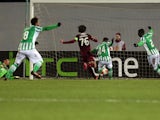 Real Betis' players celebrate after scoring a goal against Rubin Kazan during their Europa League match on February 27, 2014