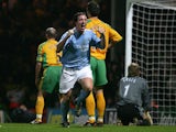 Man City's Robbie Fowler celebrates after scoring the winner against Norwich during their Premier League match on February 28, 2005