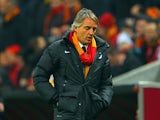 Galatasaray head coach Roberto Mancini on the touchline against Chelsea during his team's Champions League match on February 26, 2014