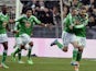 Saint-Etienne's French midfielder Fabien Lemoine celebrates with his teammates after scoring a goal during the French L1 football match between Saint-Etienne (ASSE) and Monaco (ASMFC) on March 1, 2014