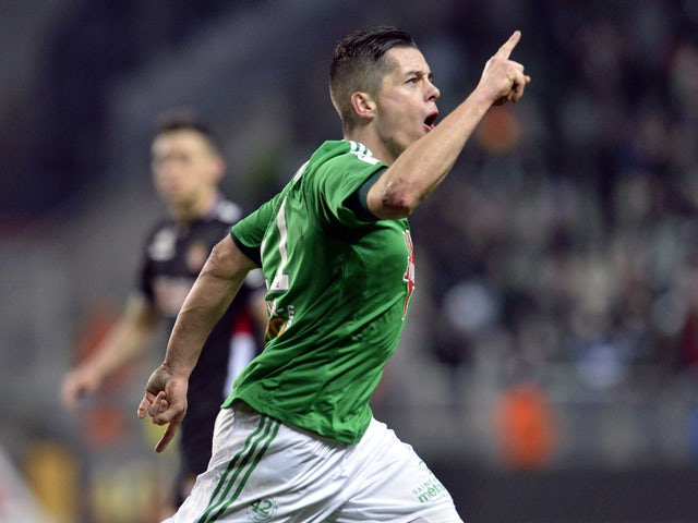 Saint-Etienne's French midfielder Romain Hamouma celebrates after scoring a goal during the French L1 football match between Saint-Etienne (ASSE) and Monaco (ASMFC) on March 1, 2014